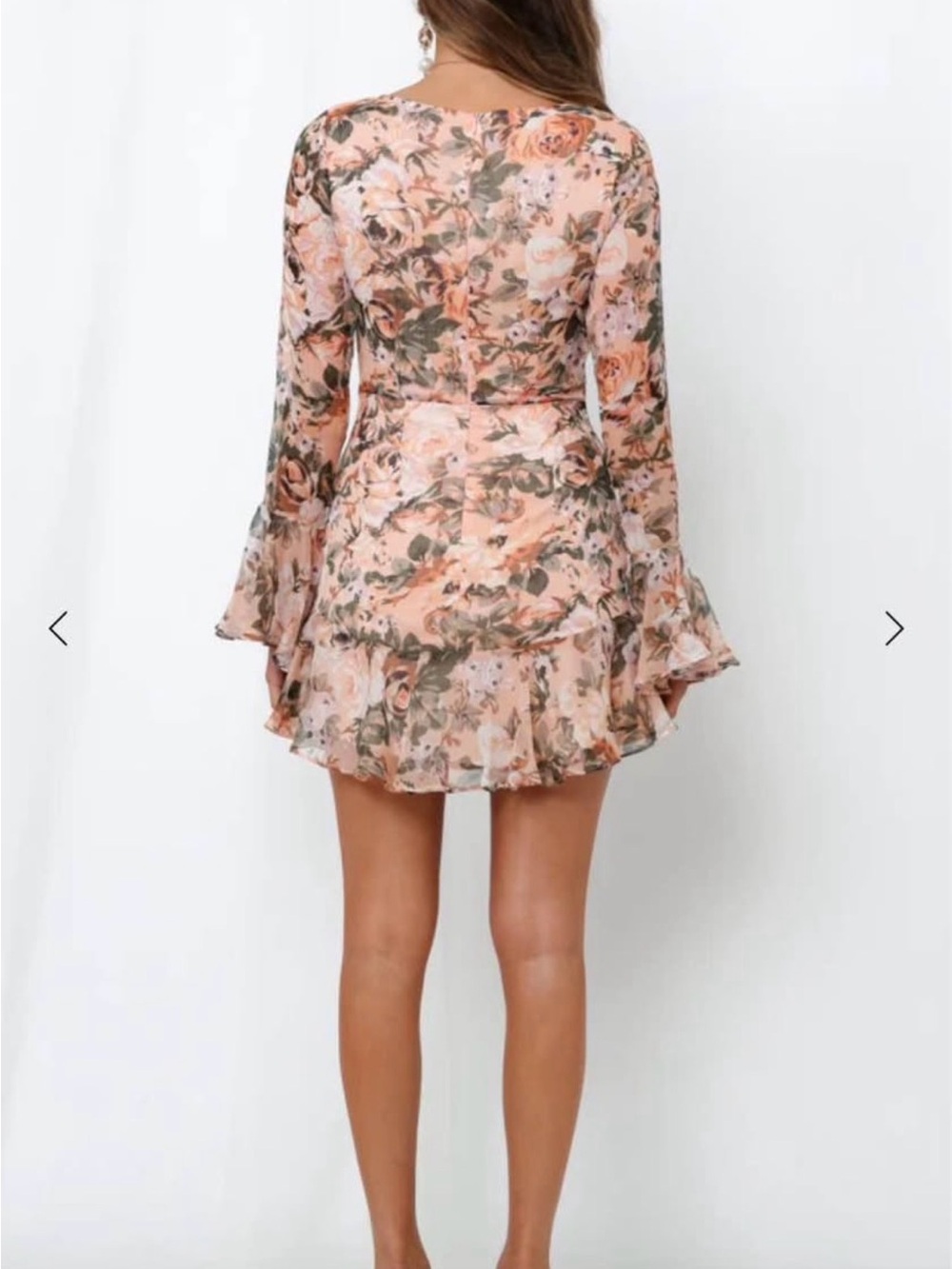 Floral Ruffle Hem Long-Sleeve Mini Dress - Peach Pink - Picture 5 of 6